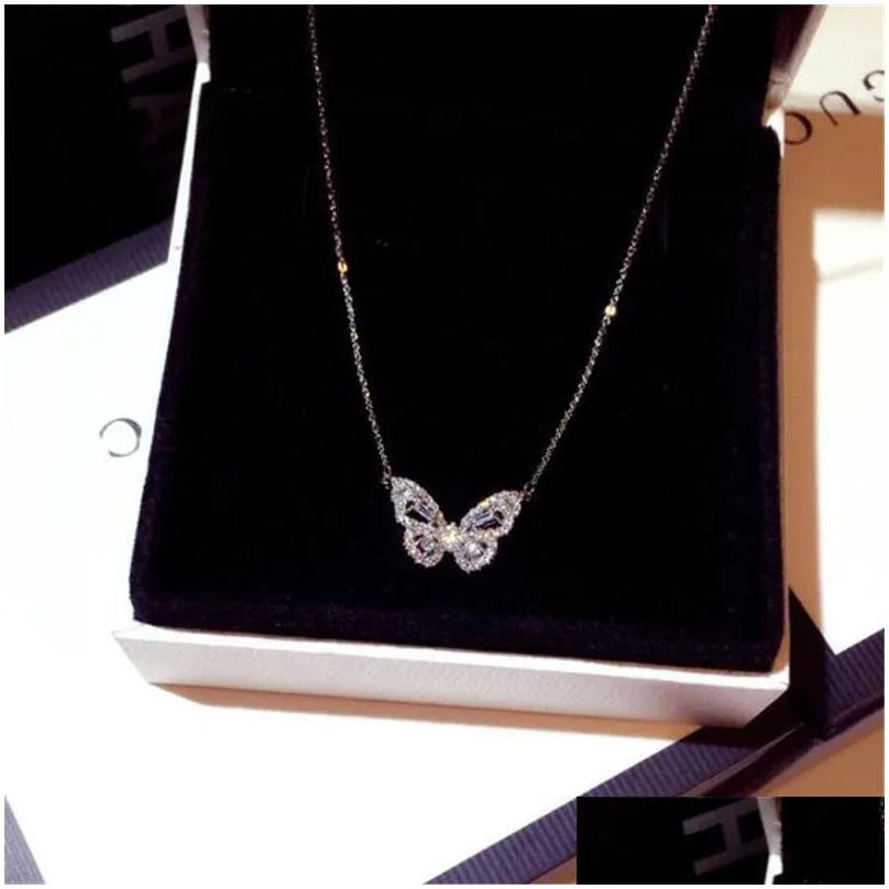 ins top sell butterfly pendant luxury jewelry 925 sterling silver rode gold fill pave white sapphire cz diamond gemstones party eternity clavicel necklace