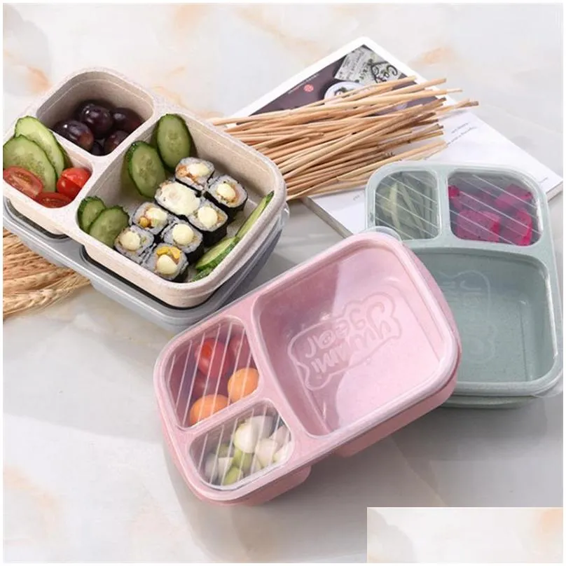 3 grid wheat straw lunch boxes microwave bento food grade health dinner box student portable fruit snack storage container vt0629