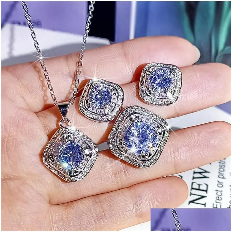 sparkling live luxury jewelry set 925 sterling silver round cut moissanite cz diamond gemstones ring necklace stud earring for lover