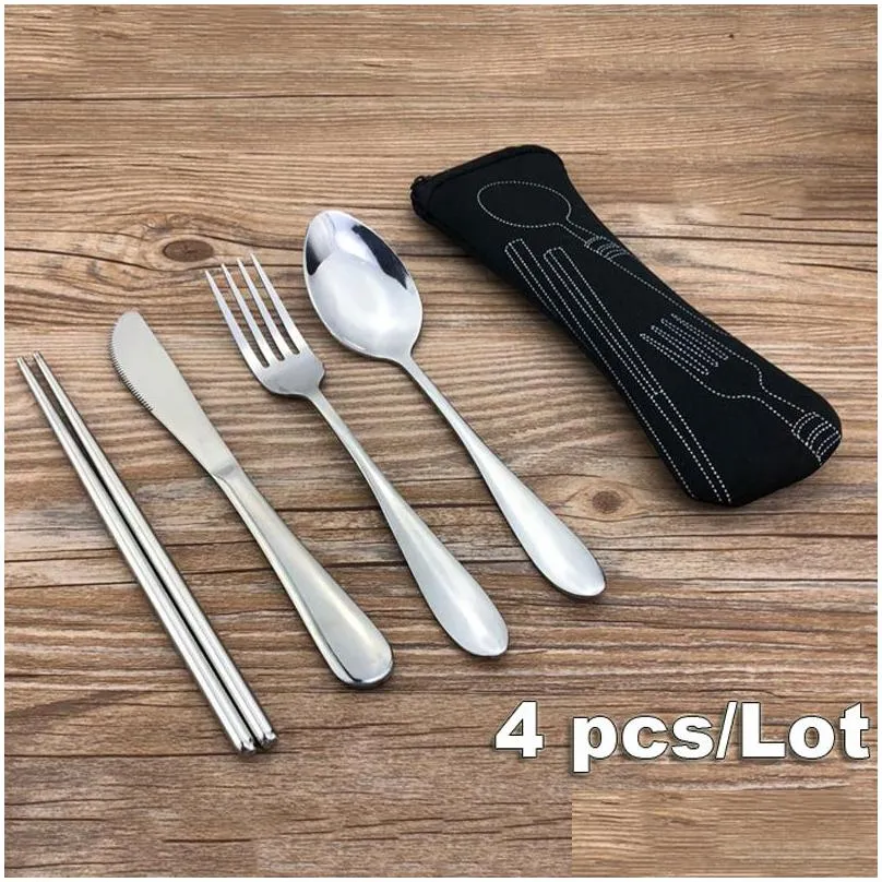 7pcs/set 4pcs/set stainless steel tableware set portable spoon fork knife lunch set travel tableware dinnerware with bag vf1524 t03