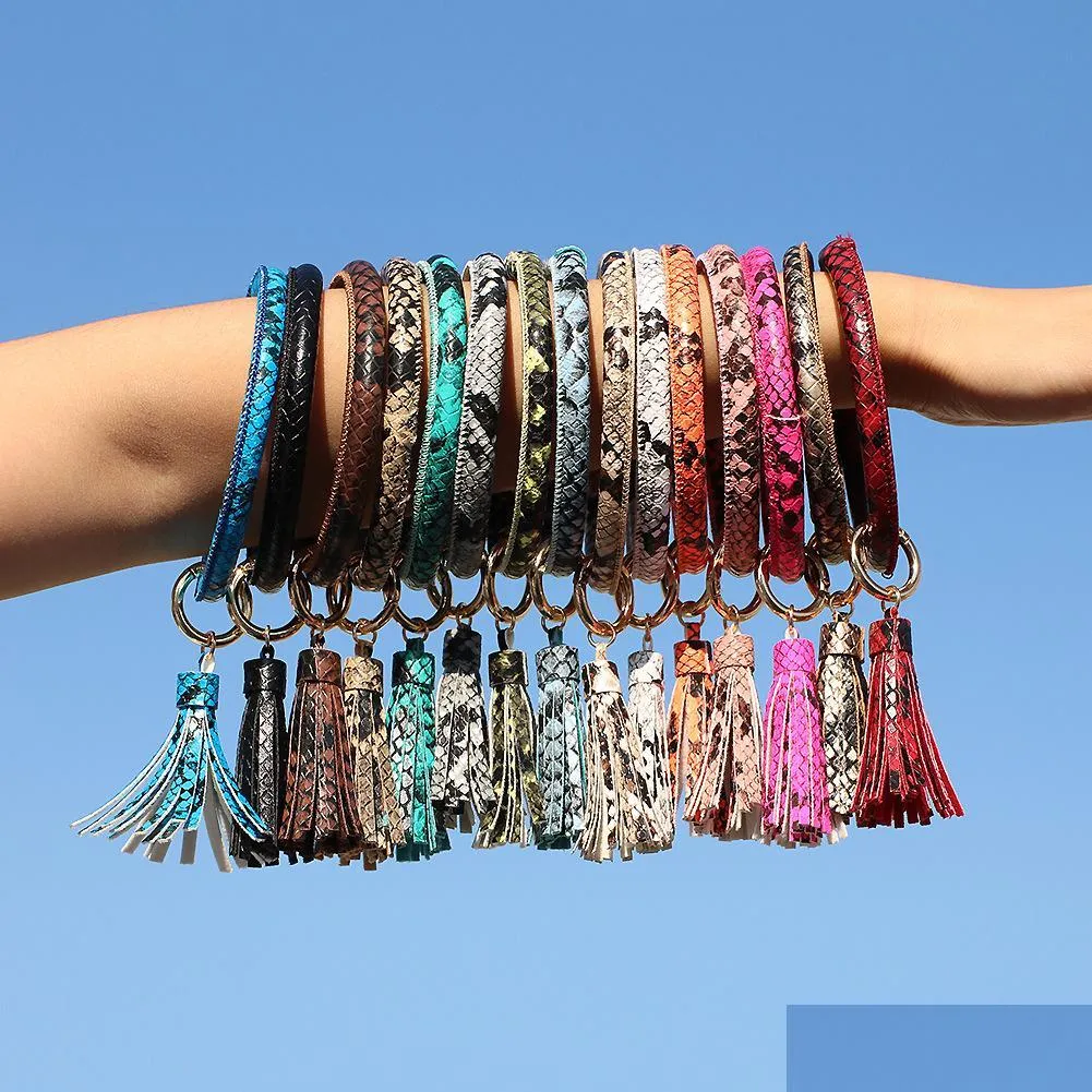 tassel bangle keychain bracelets keyring snake leather o wristlet bracelet circle charm key ring holder wristbands party favor dbc