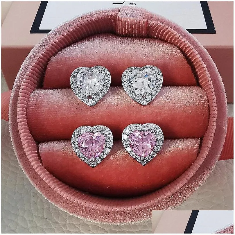 choucong simple fashion stud earring luxury jewelry 925 sterling silver white pink 5a cubic zircon heart shape diamond promise gemstones women hollow earrings