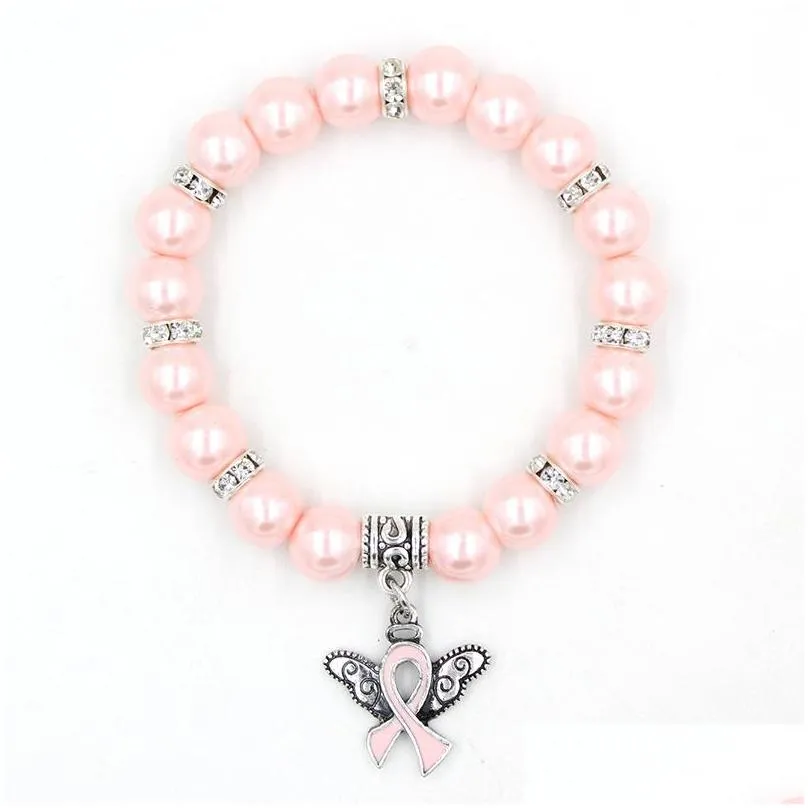 wholesale new arrival pearl bead breast cancer awareness bracelet angel wings pink ribbon charms bracelet jewelry for cancer center