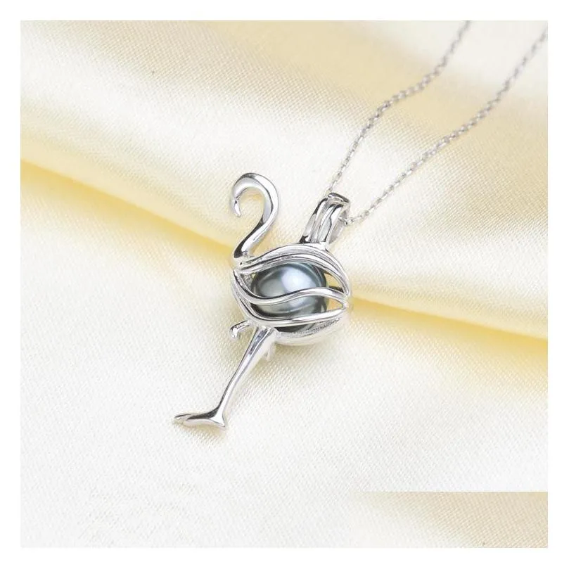 925 sterling silver 810mm flamingo shaped essential oil diffuser necklace locket pearl cage pendant accessory diy jewelry