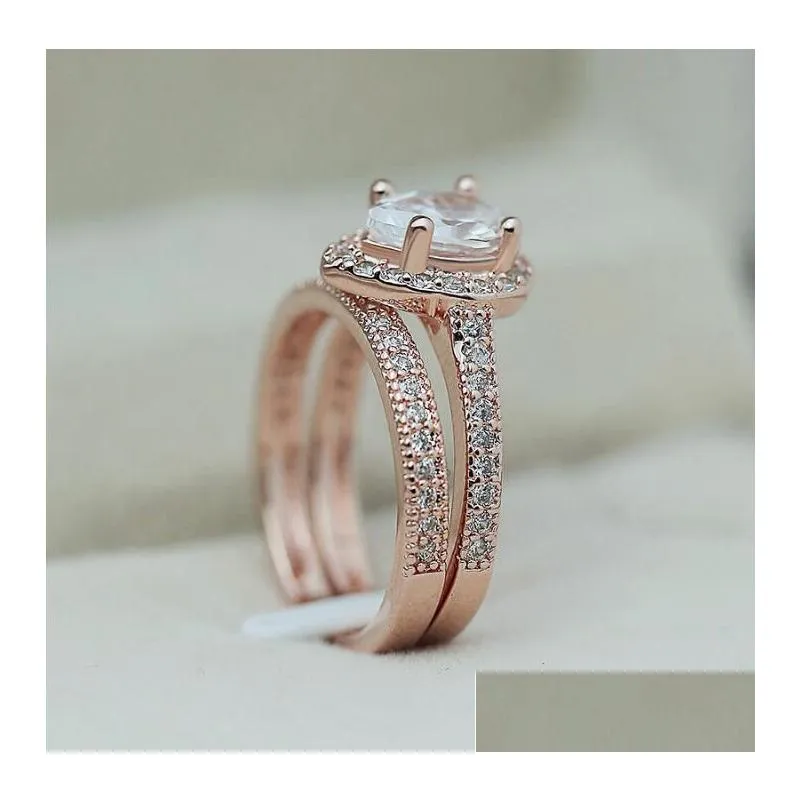 choucong brand wedding rings classical jewelry 925 sterling silver rose gold fill pear cut water drop white topaz cz diamond women bridal ring set for lover