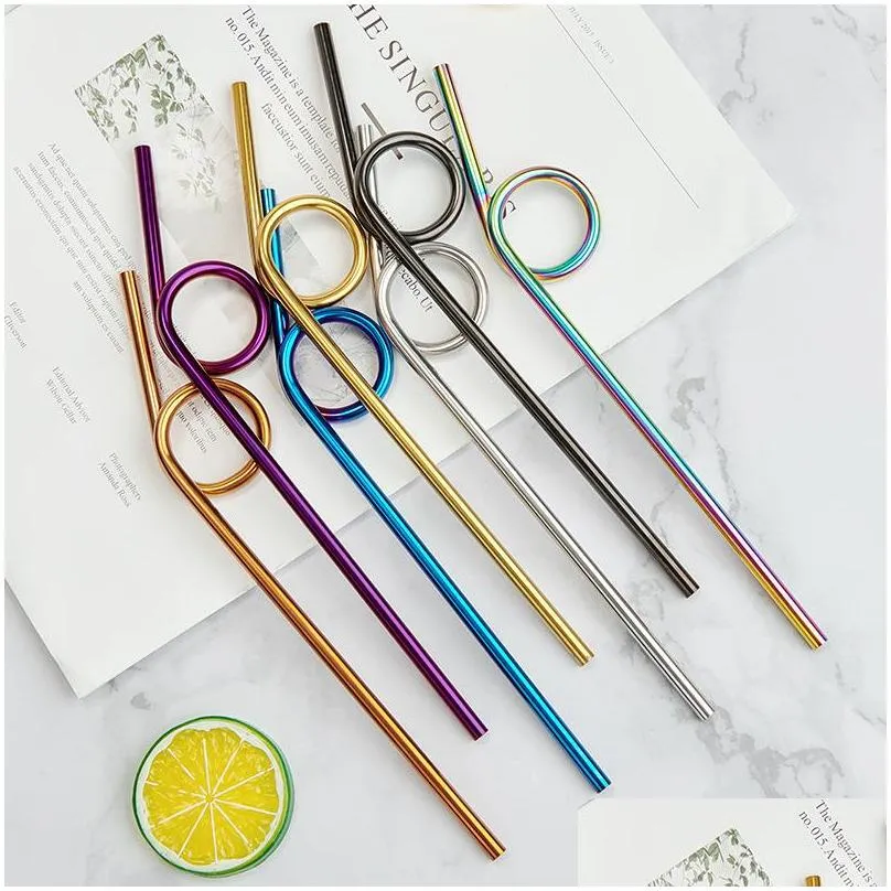 230x6mm creative stainless steel straw creative colorful curved metal straw juice cocktail coffee tea reusable drinking straws dbc