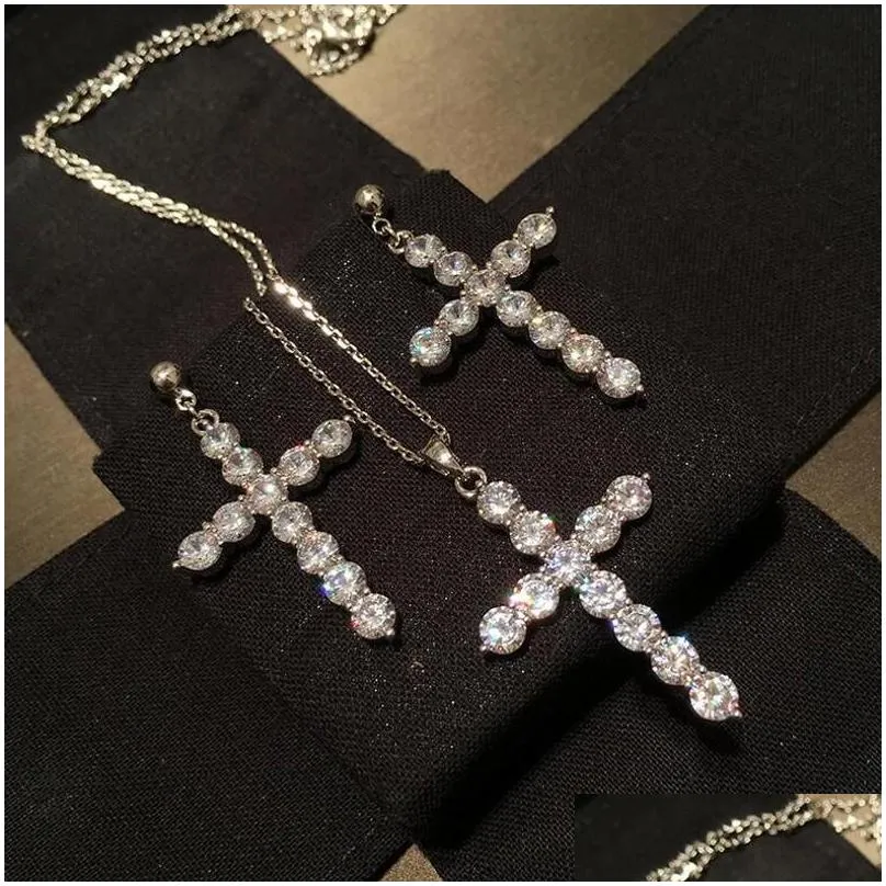  classical fashion jewelry 925 sterling silver full round cut white topaz cz diamond lucky gemstones cross pendant necklace