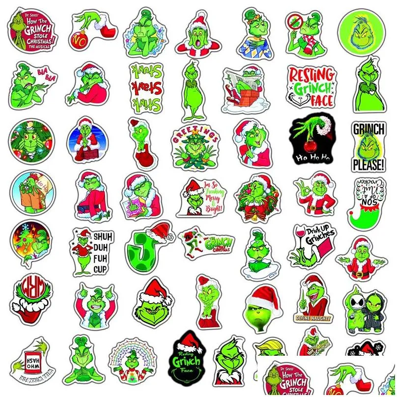 50pcs grinch christmas sticker pack for water bottle laptop skateboard motorcycle waterproof decals