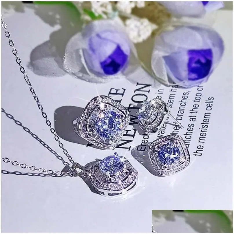 sparkling live luxury jewelry set 925 sterling silver round cut moissanite cz diamond gemstones ring necklace stud earring for lover