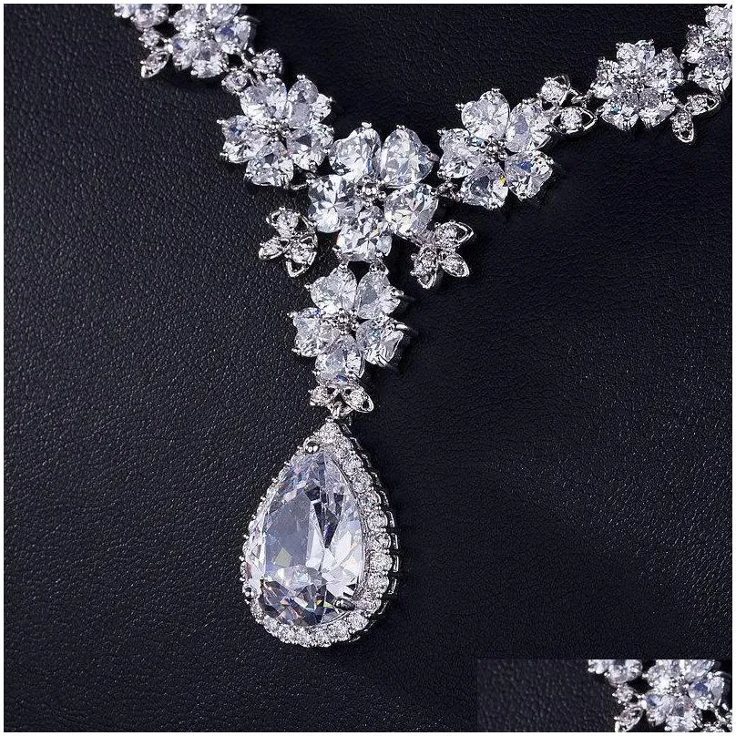 migga high quality cz crystal flower water drop earrings necklace cubic zirconia jewelry set for women bride