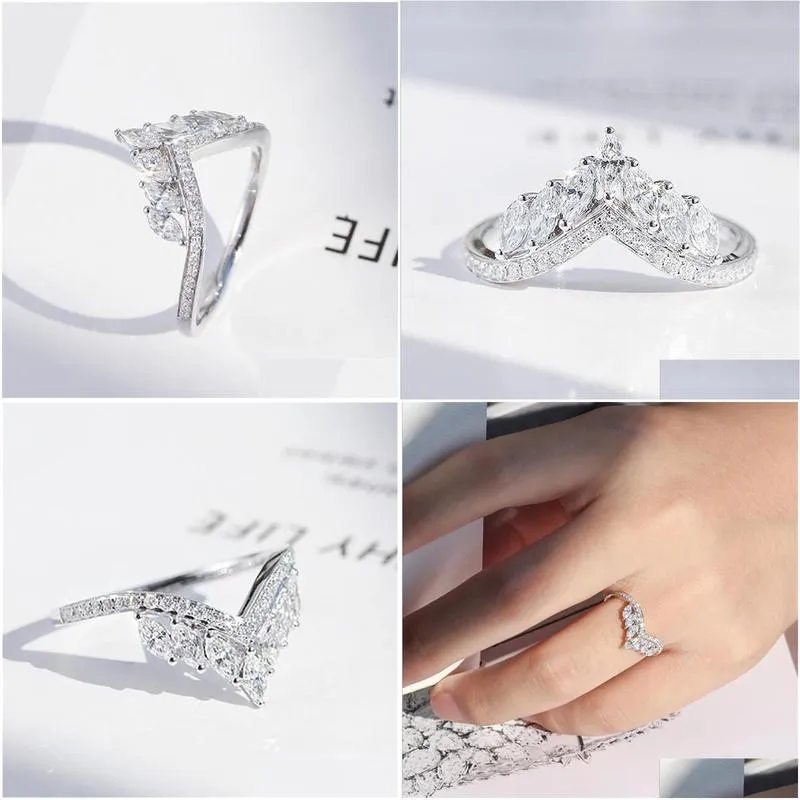 size 610 luxury jewelry real 925 sterling silver crown ring full marquise cut white topaz cz diamond moissanite women wedding band