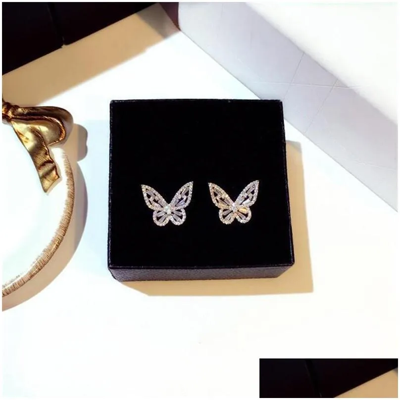 2021 women fashion jewelry 925 sterling silver princess cut sweet cute white topaz cz diamond ins wedding butterfly earring