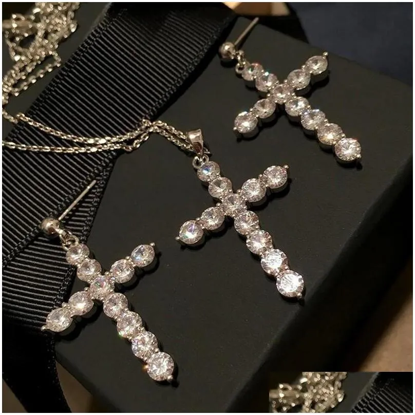  classical fashion jewelry 925 sterling silver full round cut white topaz cz diamond lucky gemstones cross pendant necklace