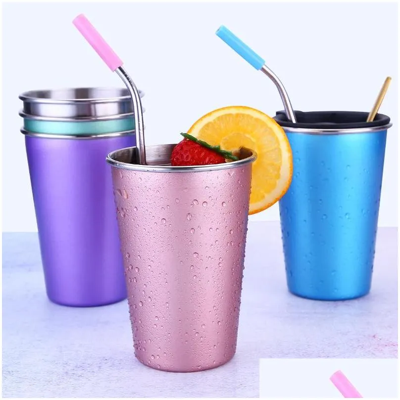 stainless steel 500ml straw large mug cup with lid coffee mug 5 colors beer tea juice milk drink tumbler outdoor camping travel dh12611