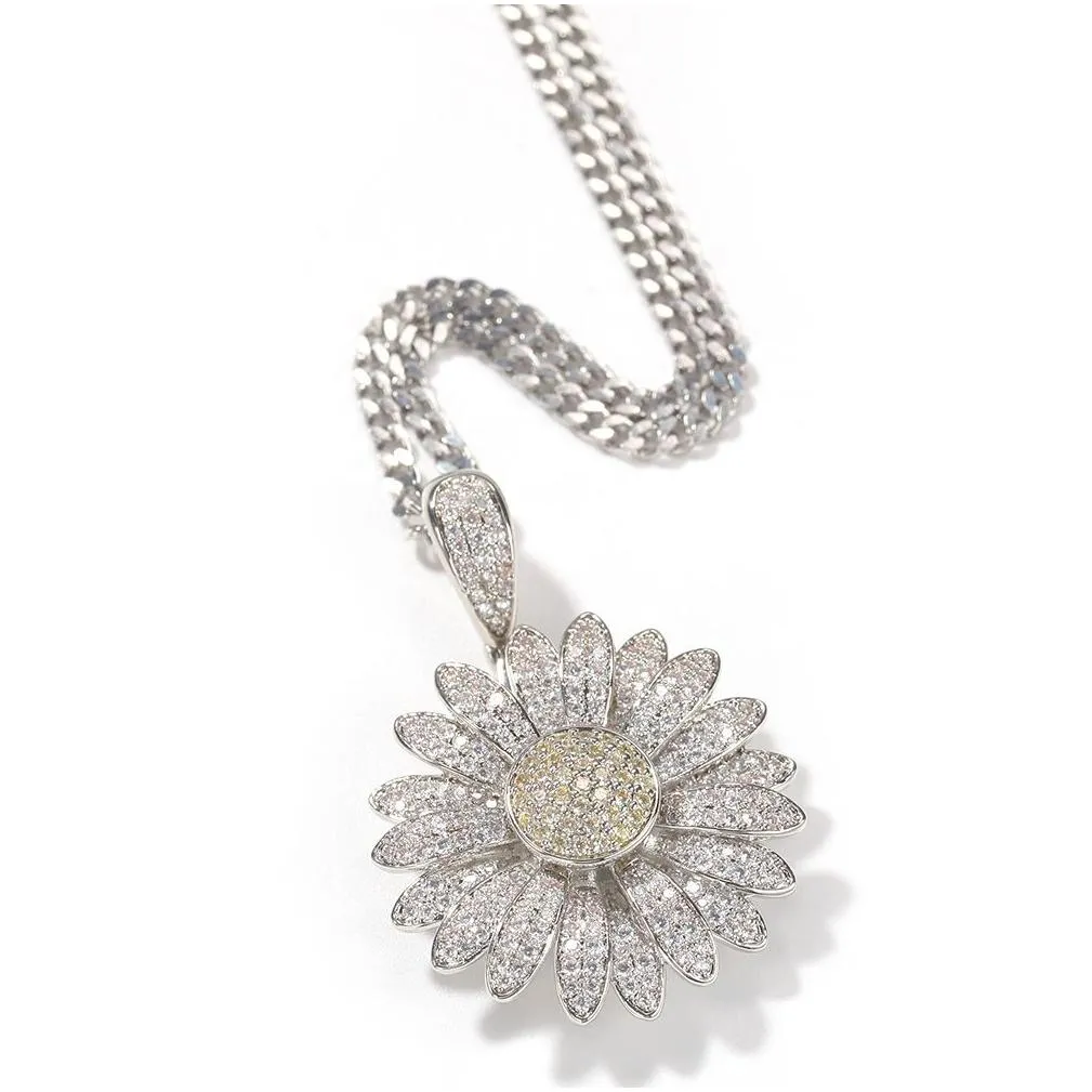 hip hop rotatable sunflower pendant necklace full bling zircon 18k real gold plated jewelry