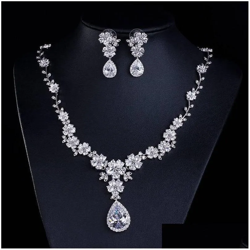 migga high quality cz crystal flower water drop earrings necklace cubic zirconia jewelry set for women bride