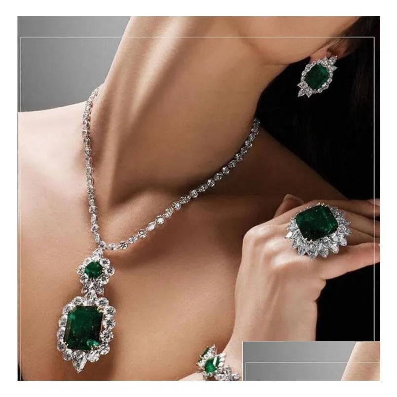 choucong brand unique luxury bridal jewelry set 18k white gold fill emerald gemstones wedding party stud earring tennies necklace
