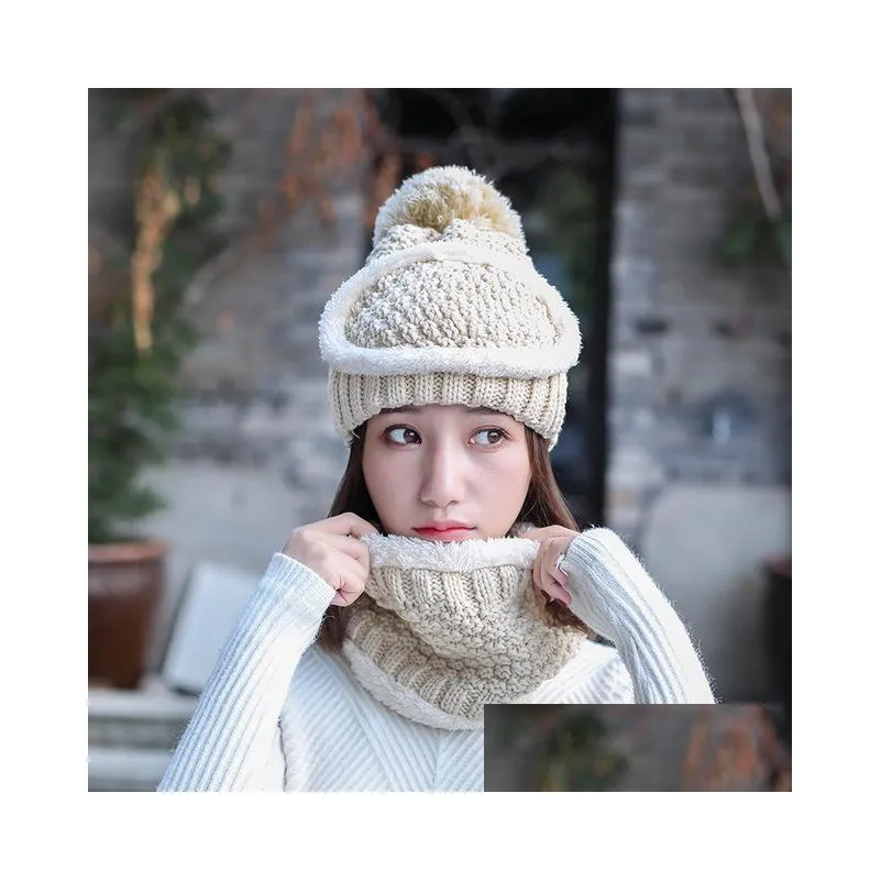 wholesale women winter warmer threepiece set hat mask and scarf set winter knitted plus velvet warm mask hat and scarf set dh0506 t03