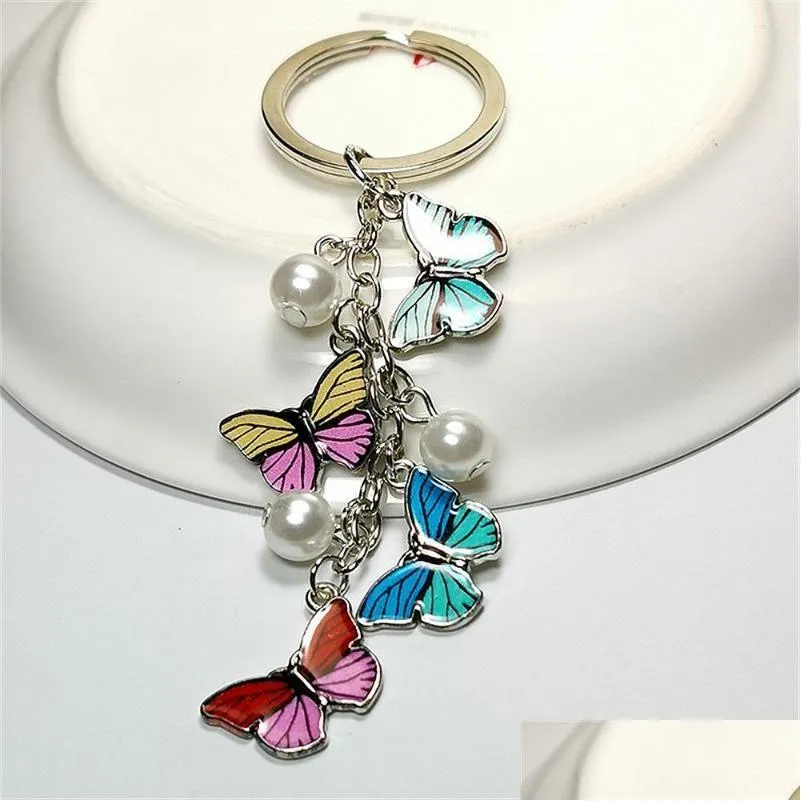 keychains exquisite butterfly pearl alloy keychain fashion colorful dripping oil insects keyring bag pendant ornaments car key holder