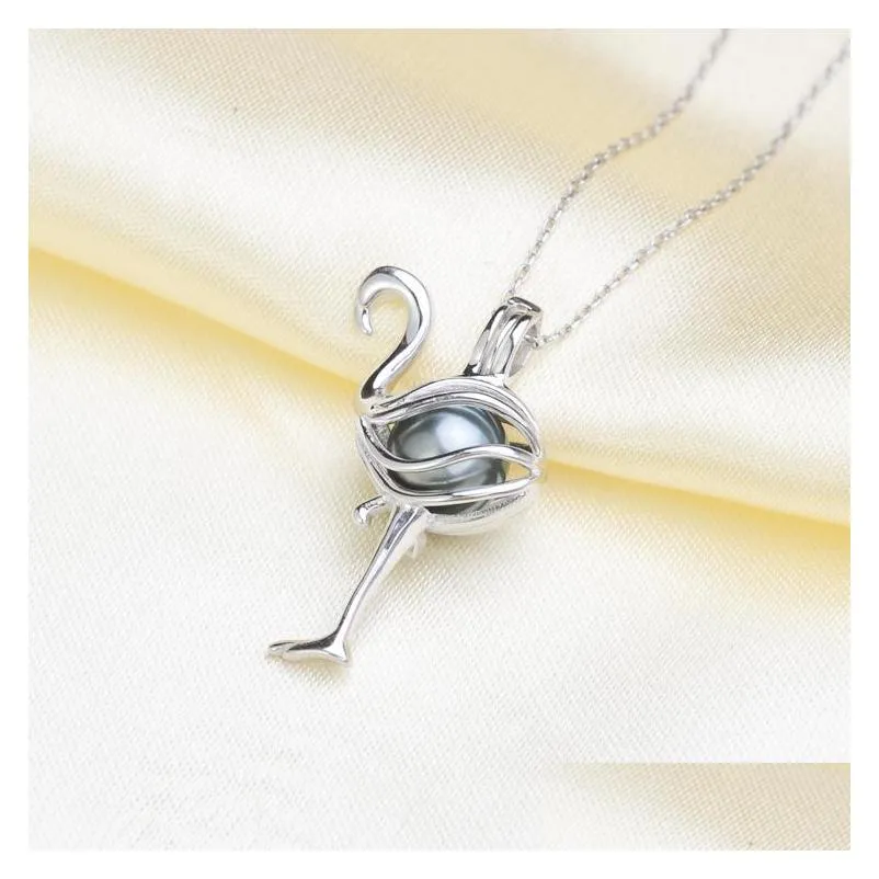 925 sterling silver 810mm flamingo shaped essential oil diffuser necklace locket pearl cage pendant accessory diy jewelry