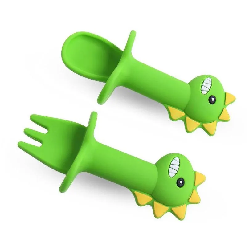 baby learning spoon fork set short handle easy spoon soft silicone utensils teether toy feeding cutlery dinosaur spoon tableware 1323