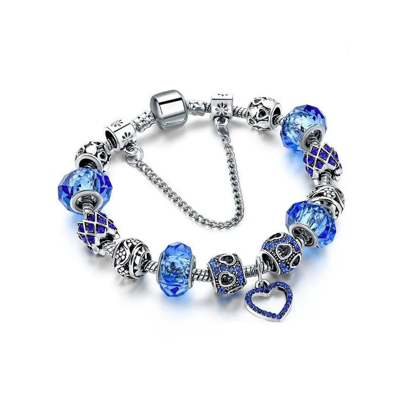 crystal beads bracelets for women diy silver heart charm bracelets bangles