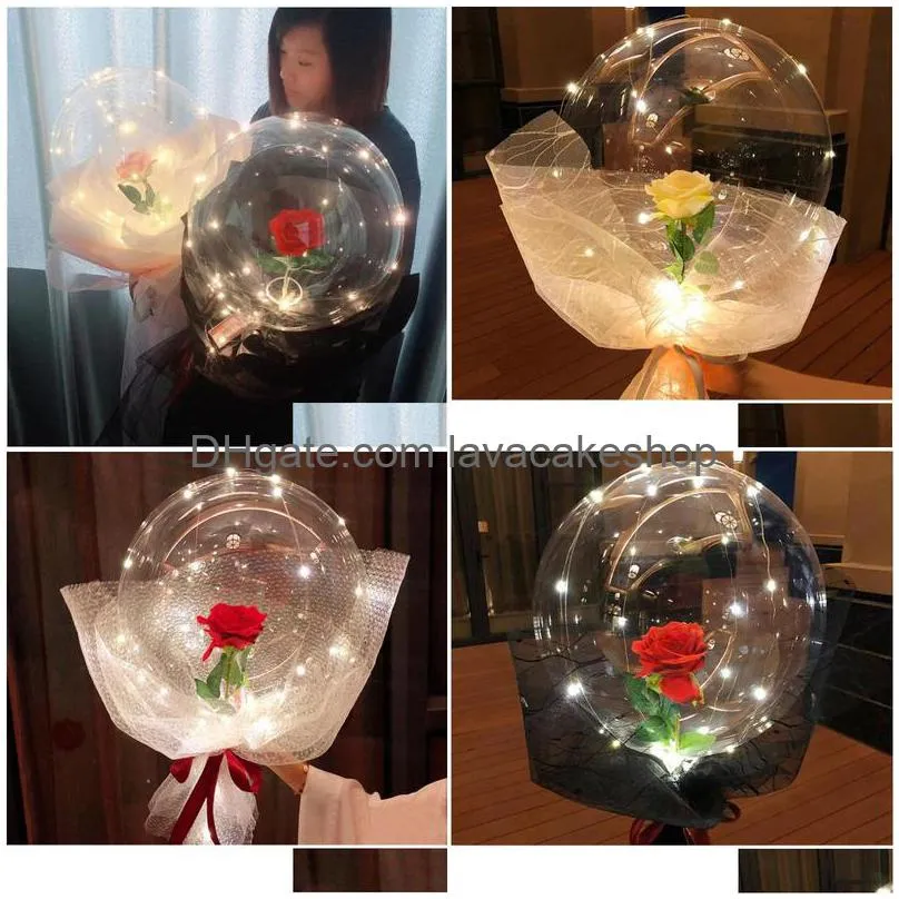 transparent bobo ball led luminous balloon rose bouquet rose valentines day gift balloon for birthday party wedding decor y201015