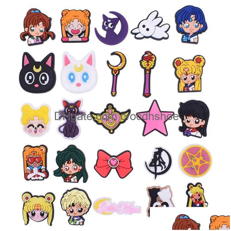 anime charms wholesale cute sailor moon cartoon croc charms shoe accessories pvc decoration buckle soft rubber clog charms fast ship