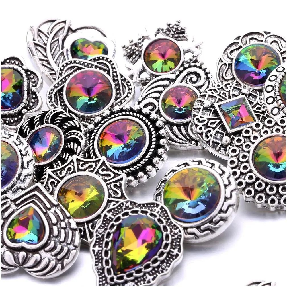 colorful rainbow crystal vintage silver color snap button charms women jewelry findings bright rhinestone 18mm metal snaps buttons diy bracelet