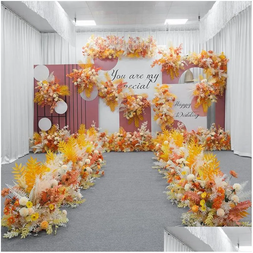 decorative flowers wreaths orange yellow series wedding floral arrangement artificial flower row table t stage backdrop corner ball