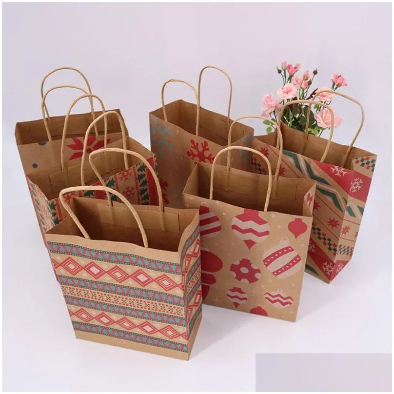 christmas gift bags with handle printed kraft paper bag kids party favors bags box christmas decoration home xmas cake candy bag dbc