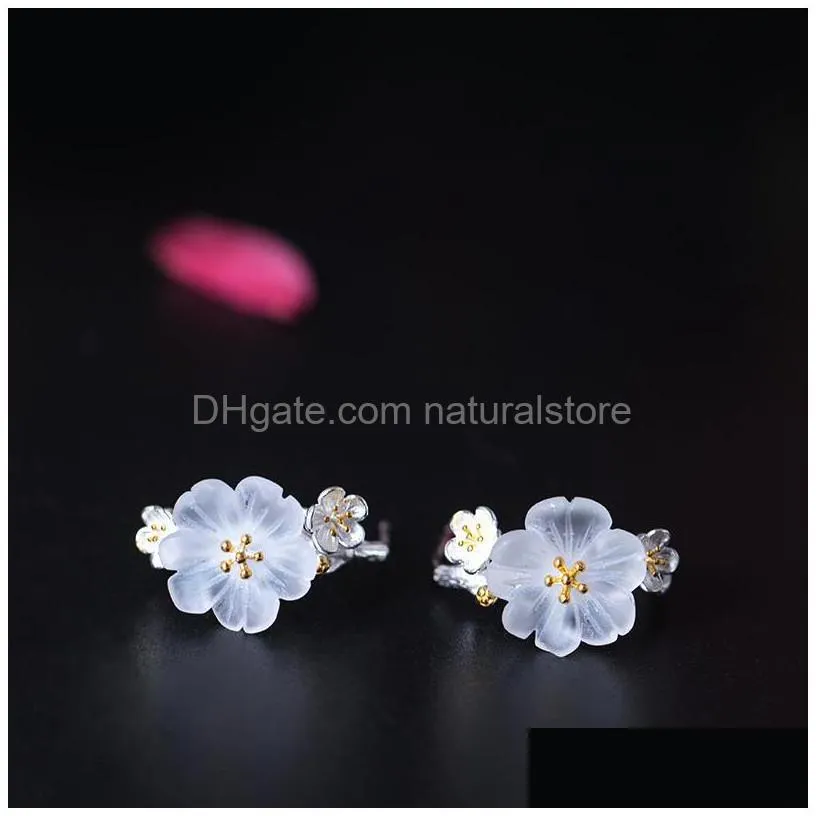 925 sterling silver plum stud earrings female ethnic handmade blooming flower wedding earring for women mother gifts