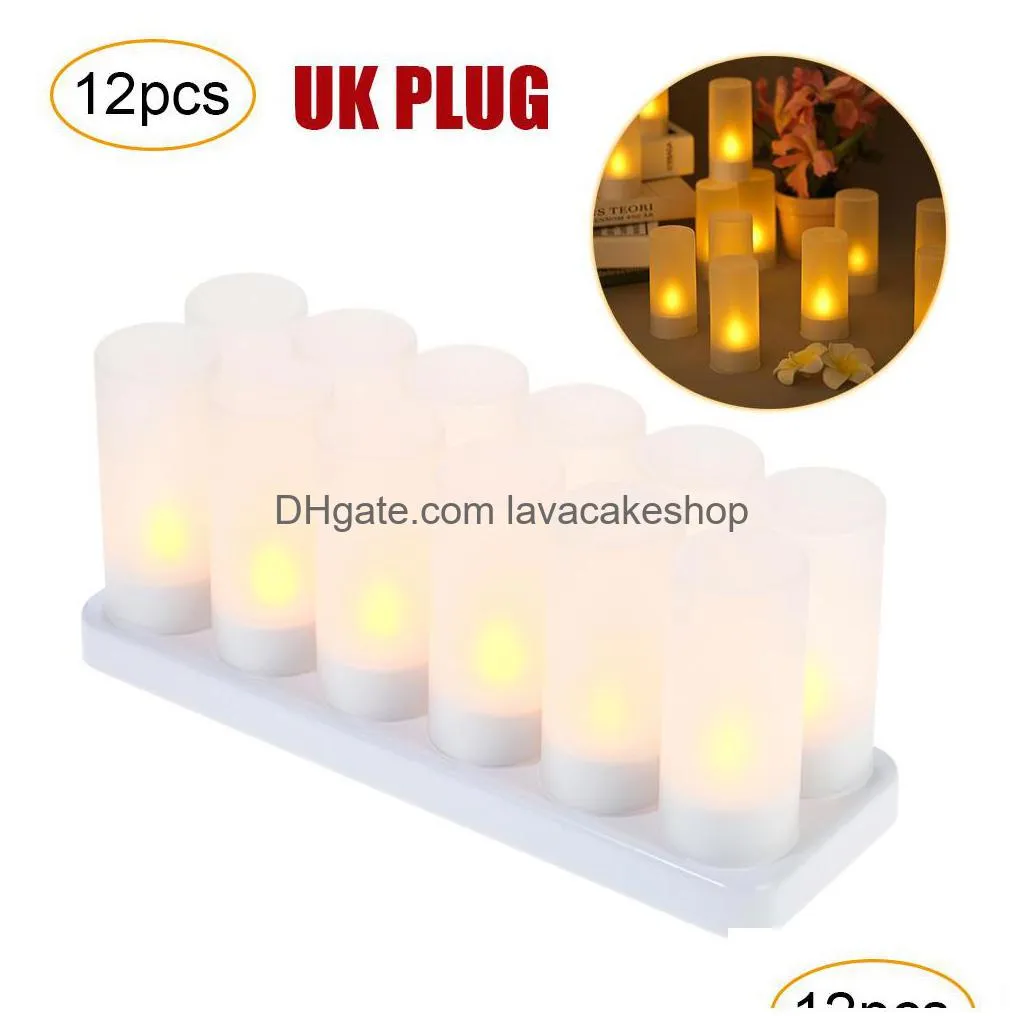 rechargeable led flickering flameless tealight candles lights with frosted cups charging base yellow light 4/6/12pcs/set y200531