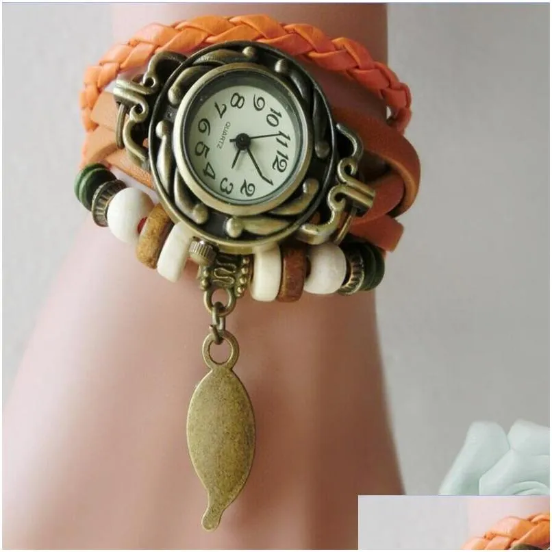 retro quartz bracelets watches leaf pendant pu leather strap dress wrist bangle vintage weave wrap wristwatch women girls knit watch 358