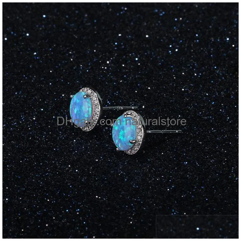 new simple 925 sterling silver stud earrings round blue fire opal earrings with cubic zirconia wedding jewelry gift