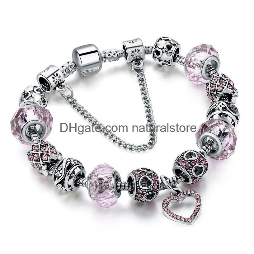 crystal beads bracelets for women diy silver heart charm bracelets bangles