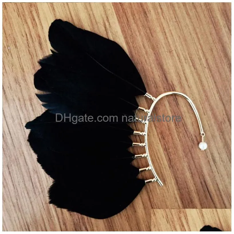 backs earrings unique white black feather ear cuff clip for women earless hang without piercing crawlers fashion jewelry