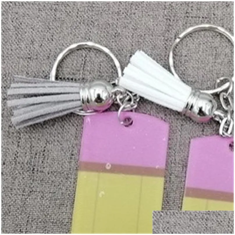 creative teachers day keychain fashion acrylic pencil dangle charms key ring personalize small tassel keyring festival party gift 378