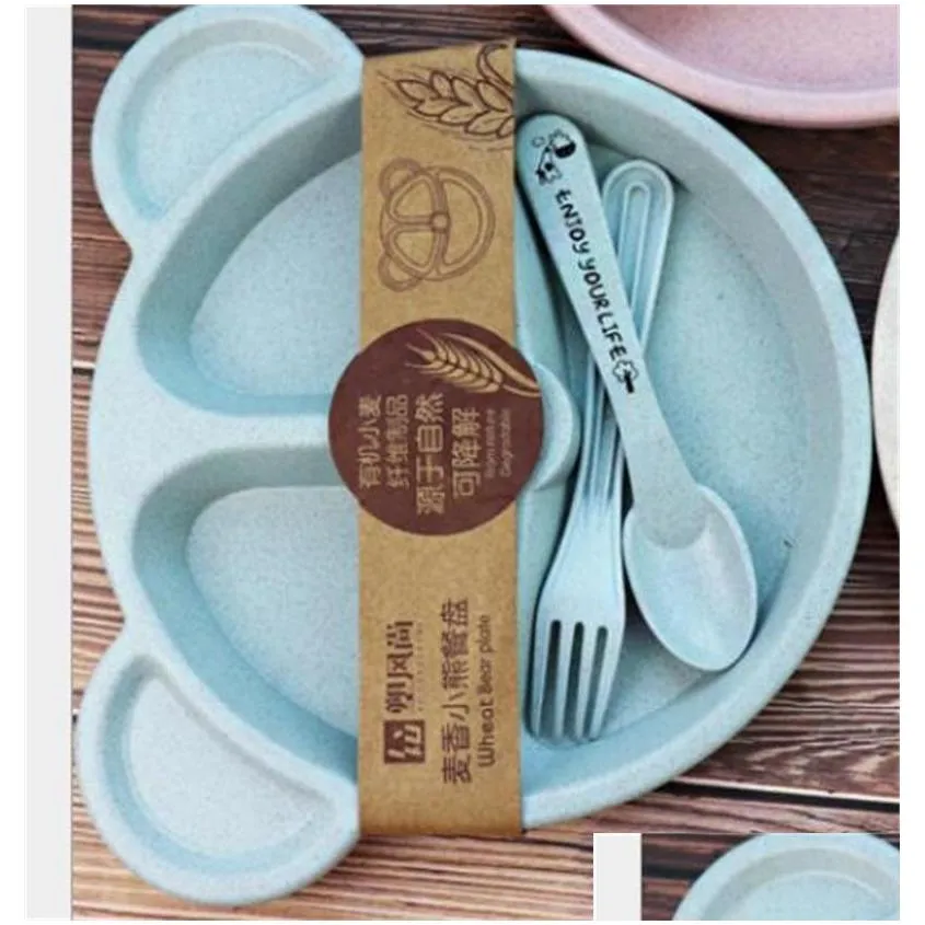 cartoon baby kids tableware set wheat straw dinnerware feeding food plate dishes bowl set with spoon fork ecofriendly tableware 824