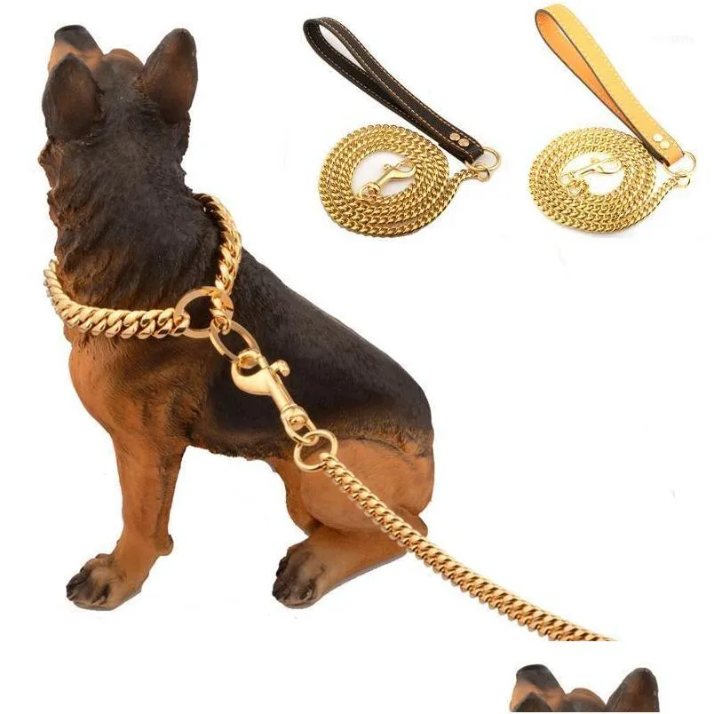 stainless steel pet gold chain dog leashes leather handle portable leash rope straps puppy dog cat training slip collar supplies11