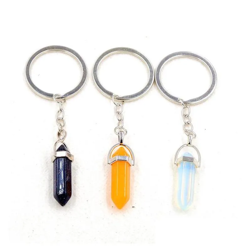 healing reiki chakra carved hexagon natural stone key rings pendant keychain crystal chakras quartz chains jewelry accessories