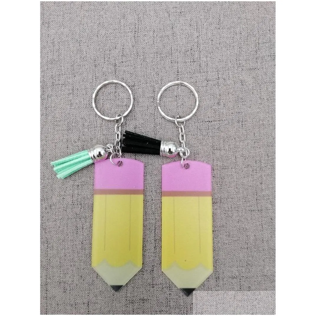 creative teachers day keychain fashion acrylic pencil dangle charms key ring personalize small tassel keyring festival party gift 378