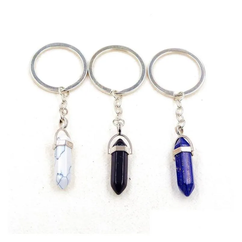 healing reiki chakra carved hexagon natural stone key rings pendant keychain crystal chakras quartz chains jewelry accessories