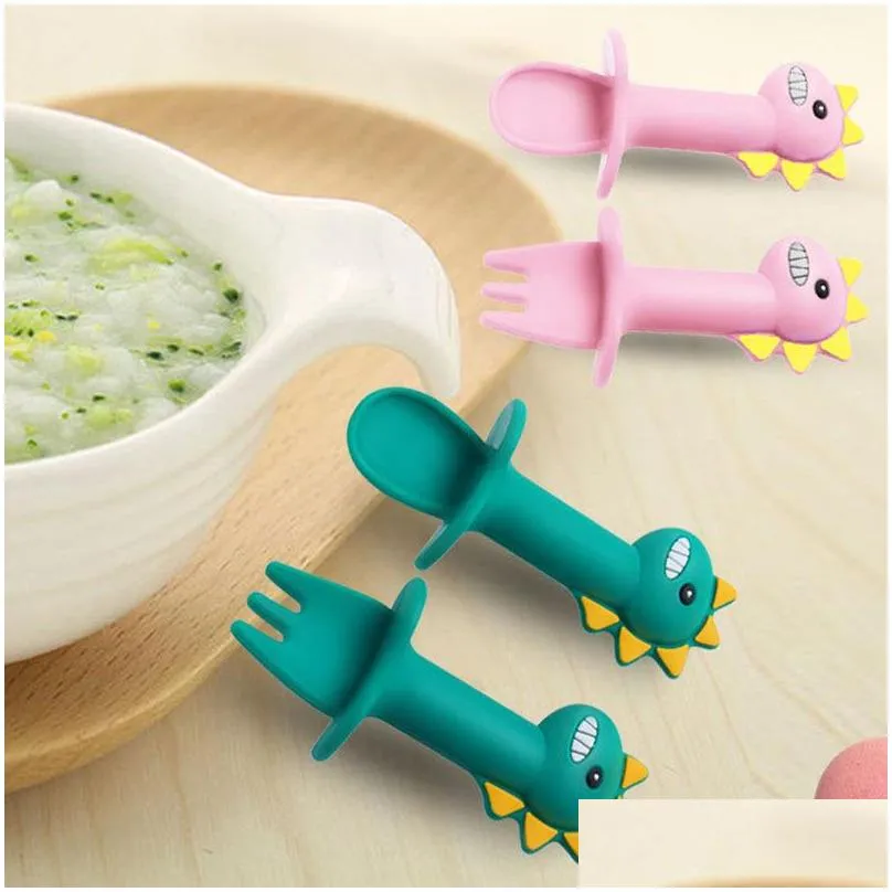 baby learning spoon fork set short handle easy spoon soft silicone utensils teether toy feeding cutlery dinosaur spoon tableware 1323