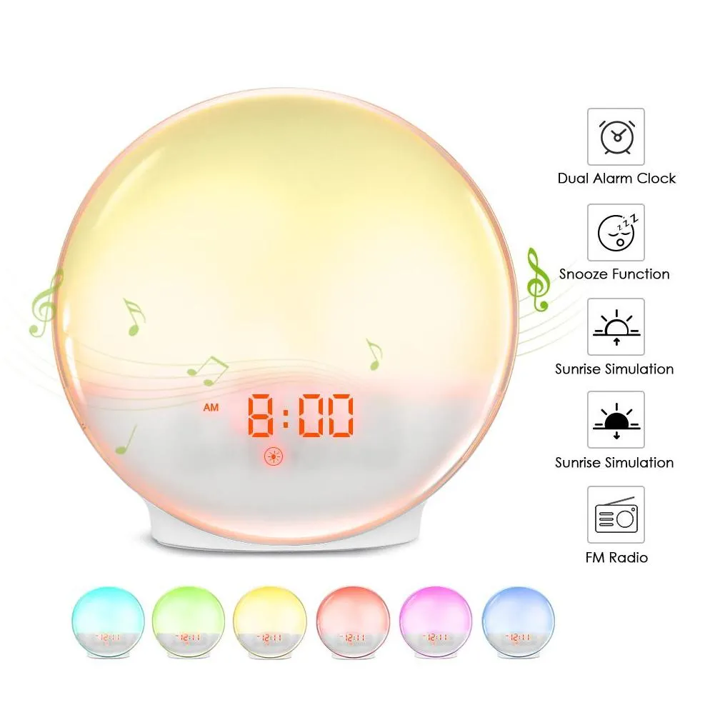 alarm clock wake up light led snooze nature night lamp digital clock sunrise colorful light with nature sounds fm radios1