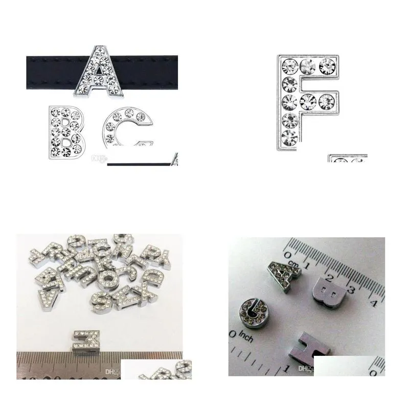 50pcs/lot 8mm f silver slide letter full rhinestones charms fit for 8mm diy leather bracelet phone strips sl0003