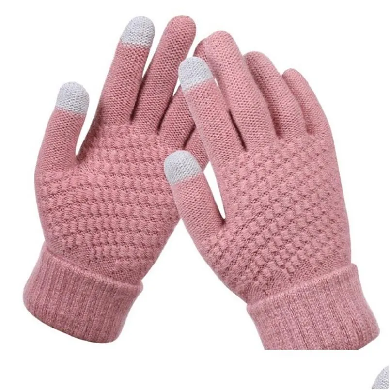 trellis knitted glove solid color non slip thickening mittens winter warm lady touch screen wool gloves woman 4 2dq g2