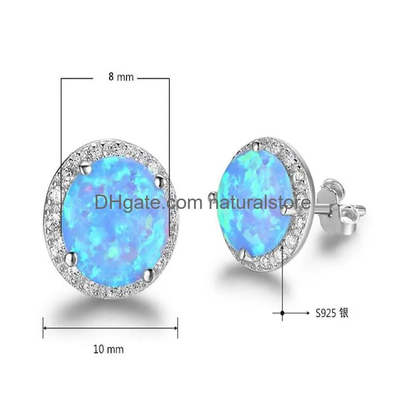 new simple 925 sterling silver stud earrings round blue fire opal earrings with cubic zirconia wedding jewelry gift