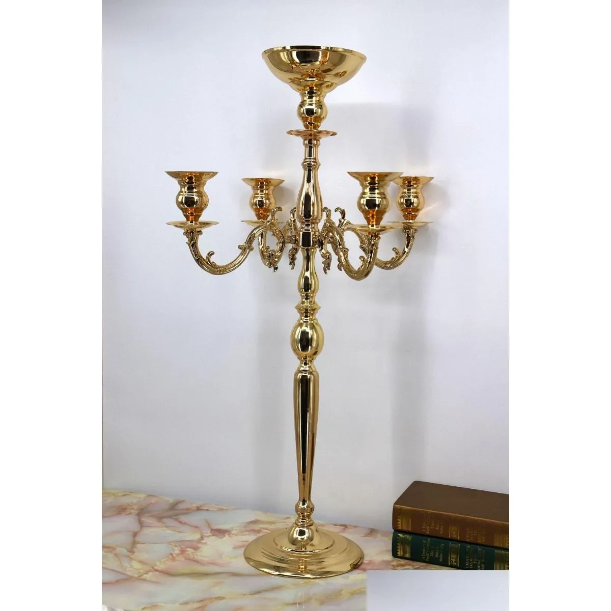 party decoration 85 cm tall metal 5 arm candelabra with flower bowl candle holder rack wedding table centerpiece decorations iron vase