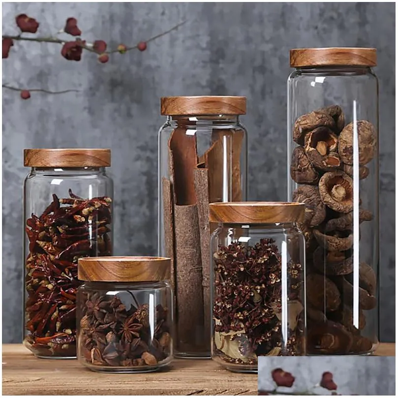 wood lid glass airtight canister kitchen storage bottles jars container grains coffee beans grains candy jar containers